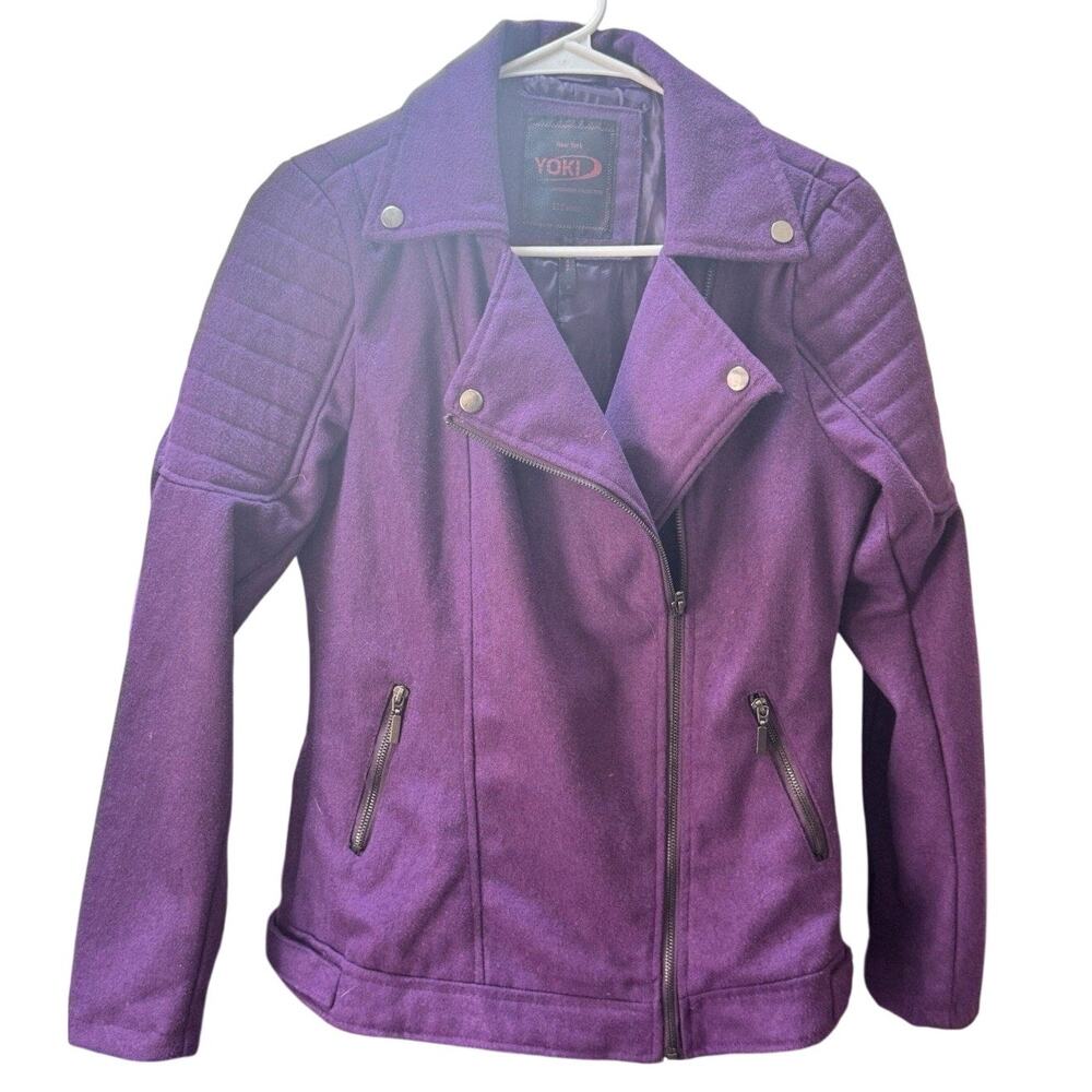 Yoki New York Women’s Purple Moto Jacket Size M Faux Wool Biker Style Zip Pocket